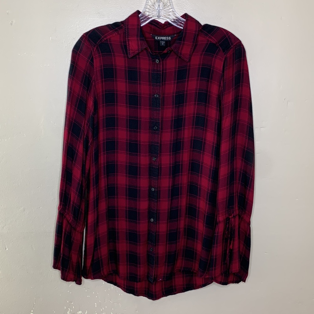 EXPRESS Button Front Shirt Wine & Black Plaid Drawstring Cuff Detail Small